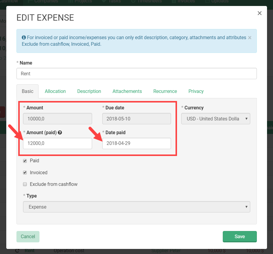 income/expense form - the amount and date paid