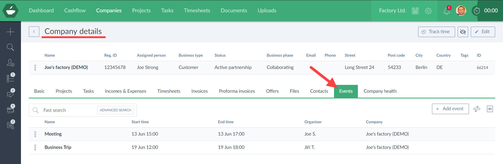 events under a company or project
