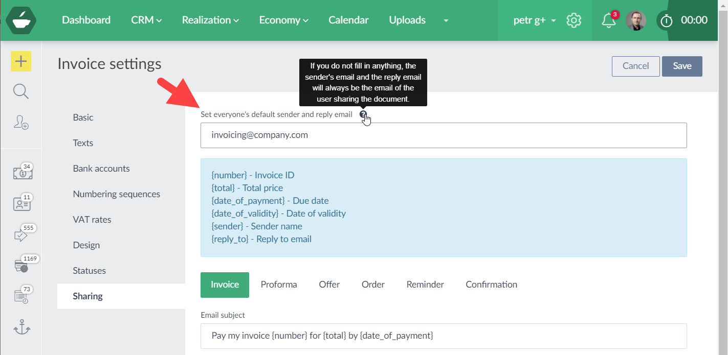 Custom sender of invoices