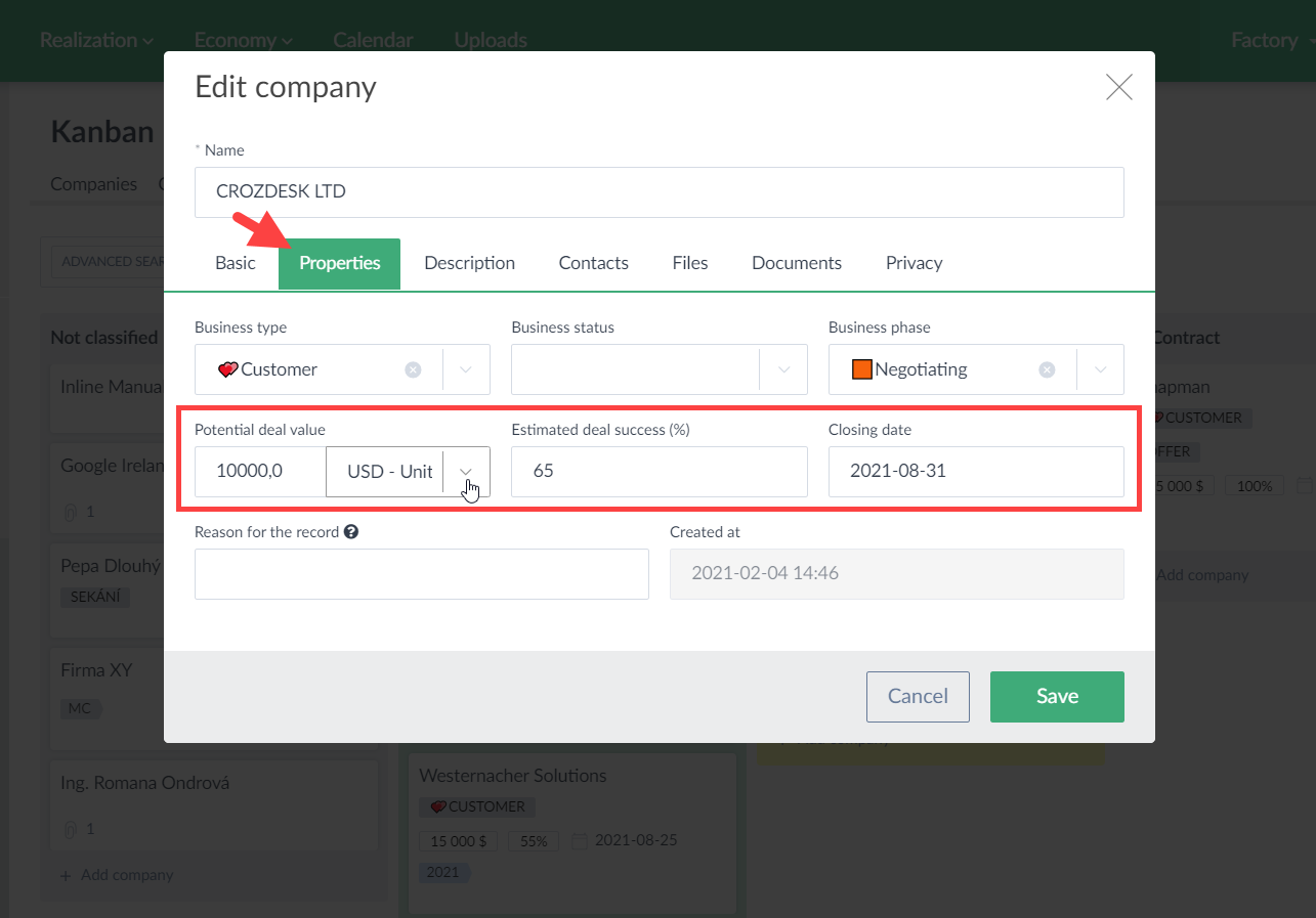 CRM - deal value and % success (Settings)