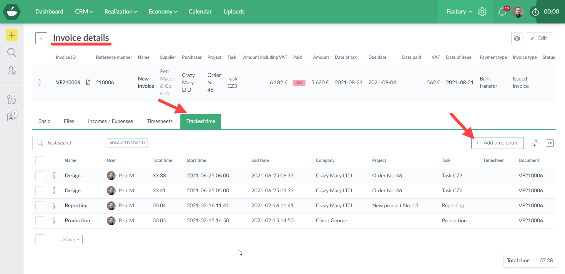 Invoices from the tracked time
