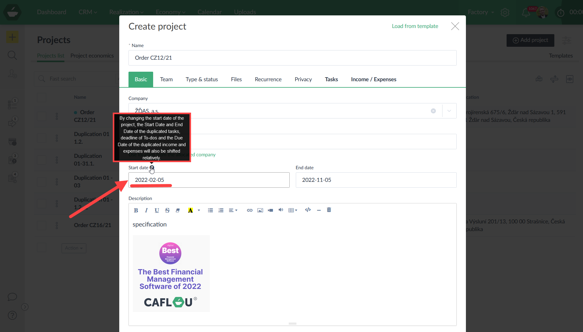 Shift start of the project