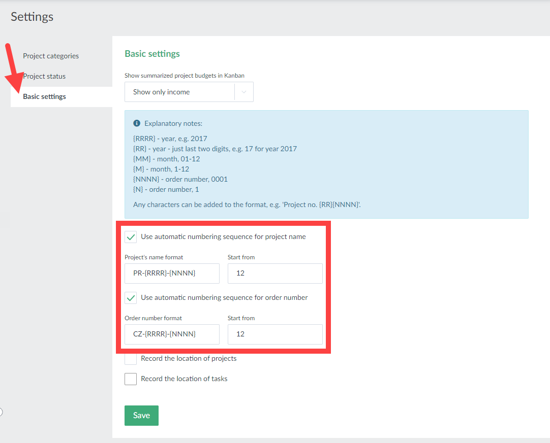 Automatic names for project and tasks