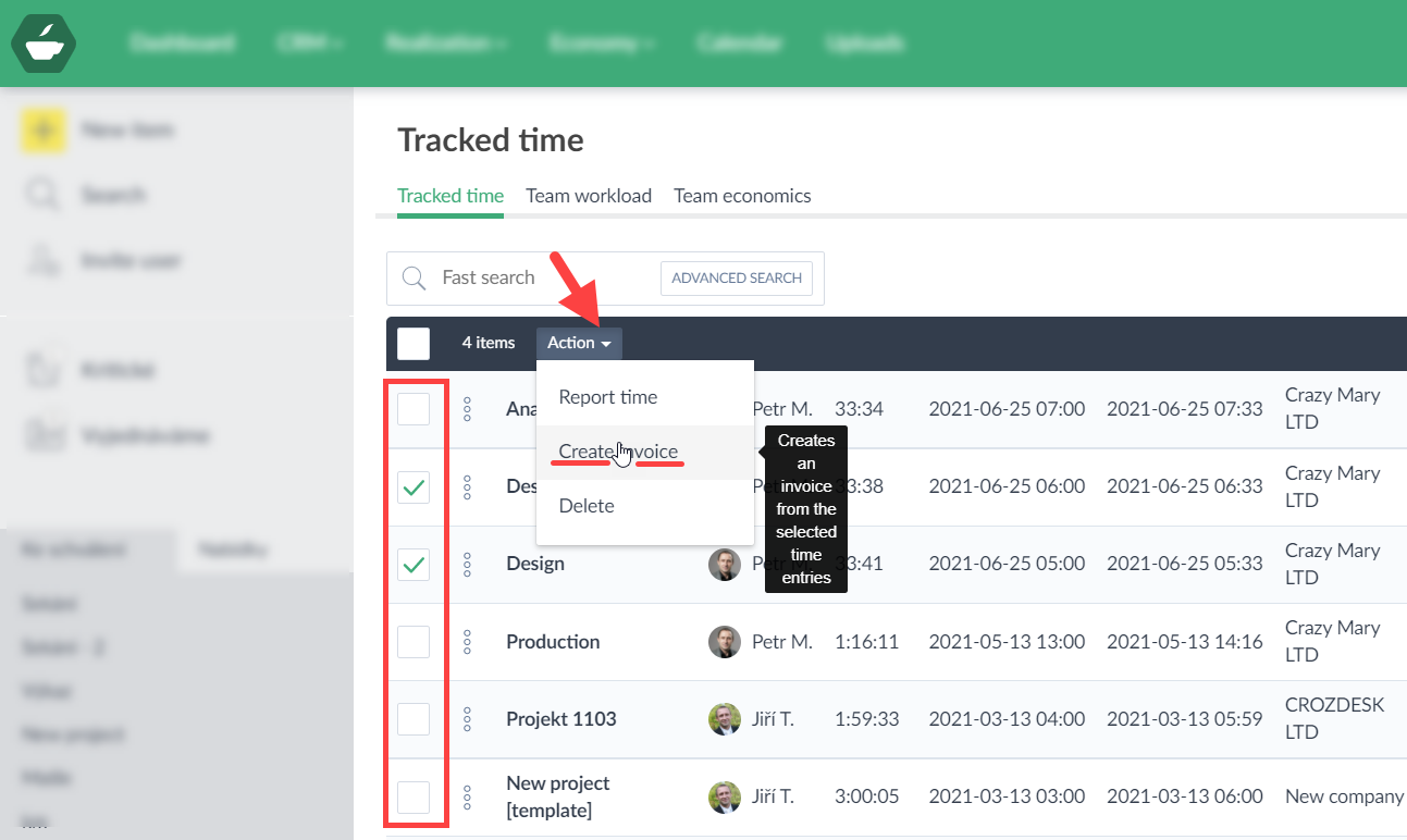 Invoices from the tracked time