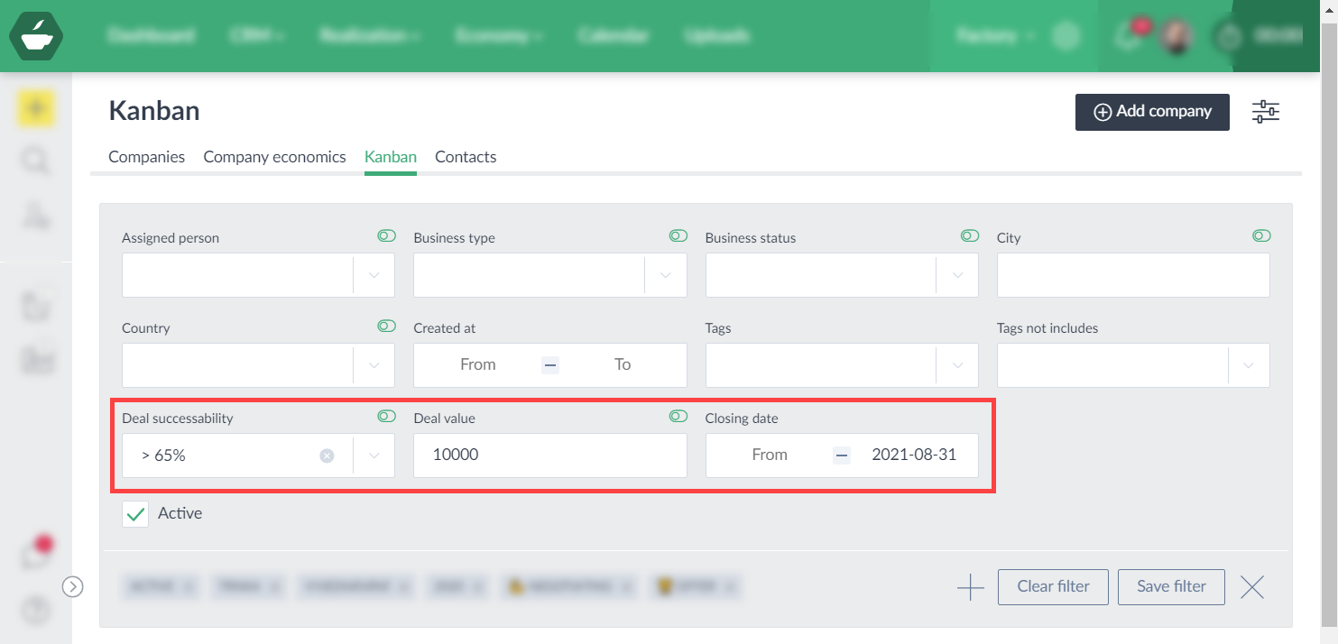 CRM - hodnota a pravděpodobnost obchodu (filtry)