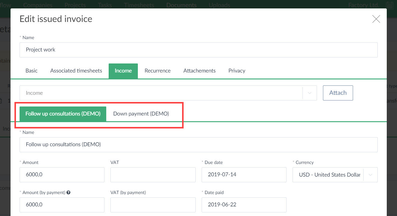 invoice and cashflow - multiple items
