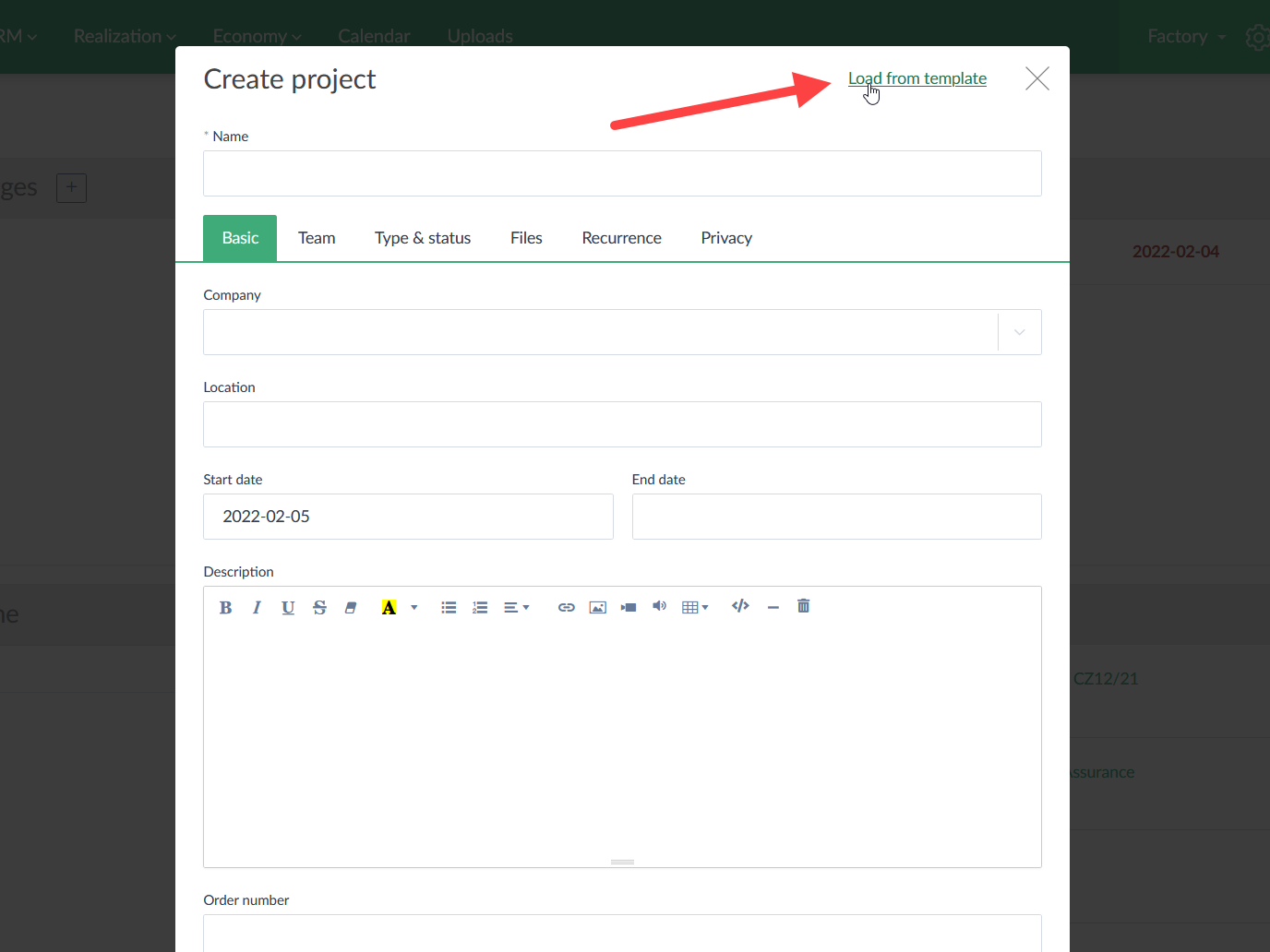 Create project from the template