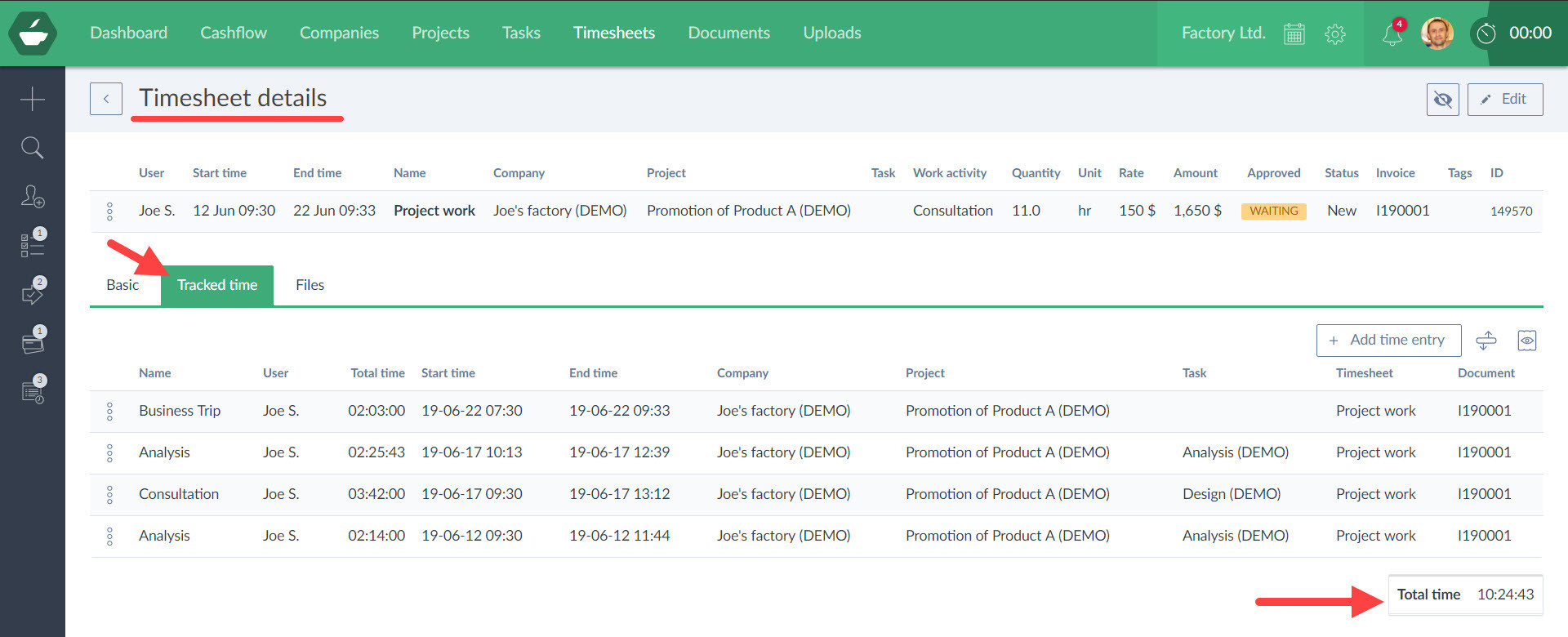 tracked time in timesheets