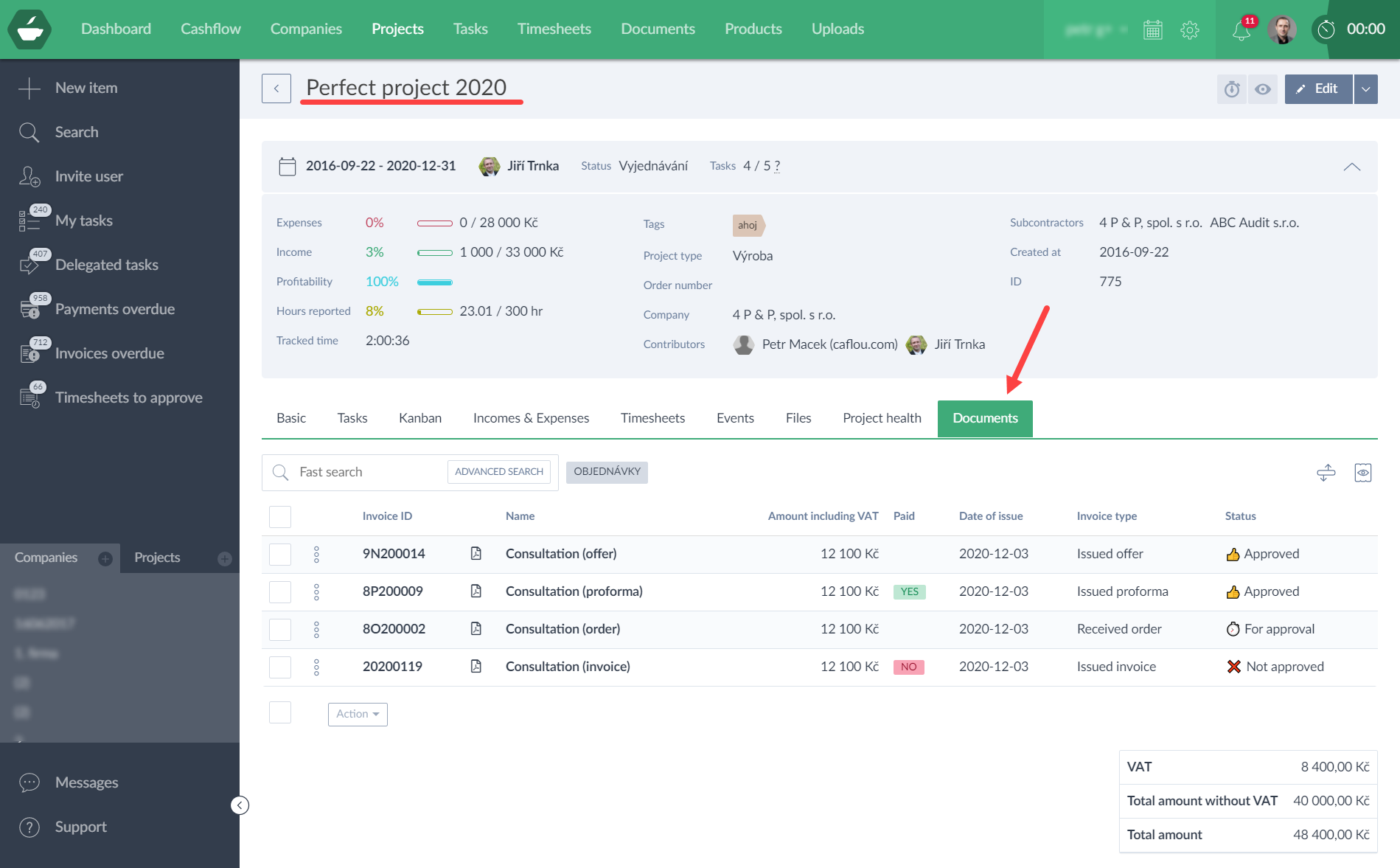 Documents under a project or task