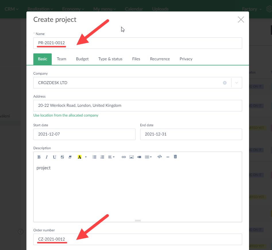 Automatic names for project and tasks
