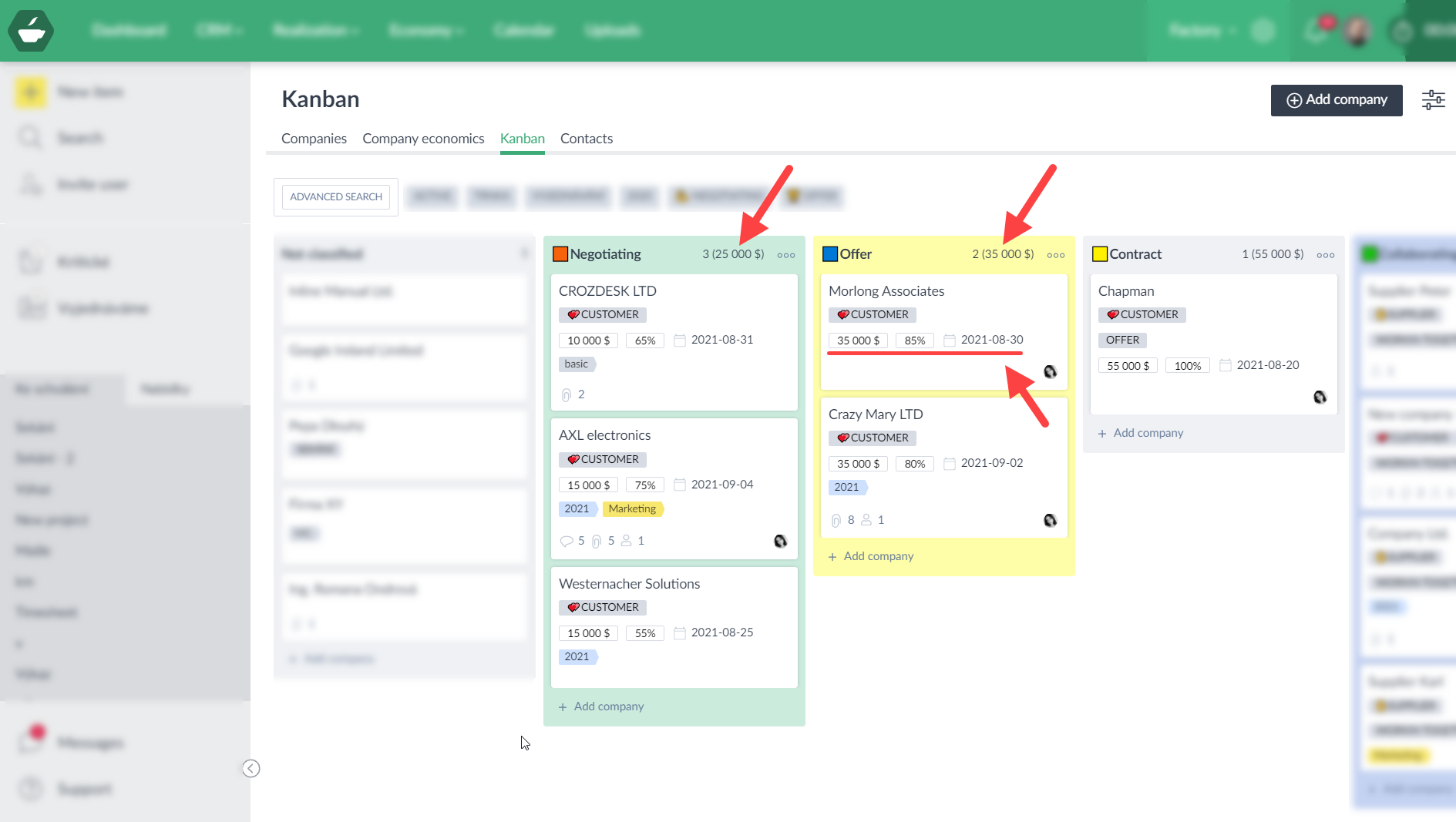 CRM - deal value and % success (Kanban)