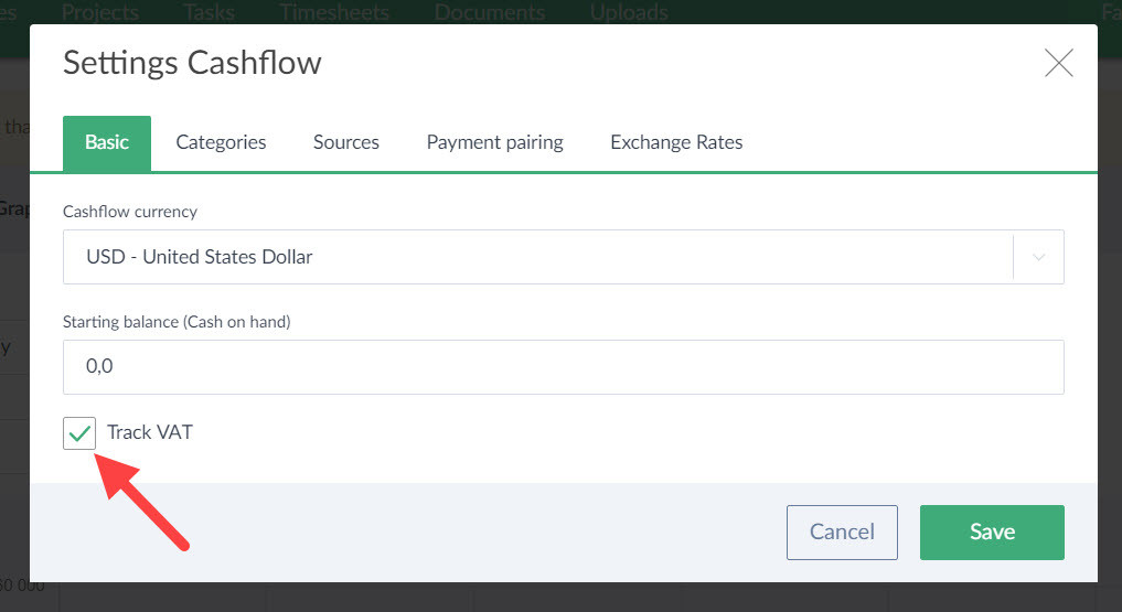 track VAT in cashflow - settings