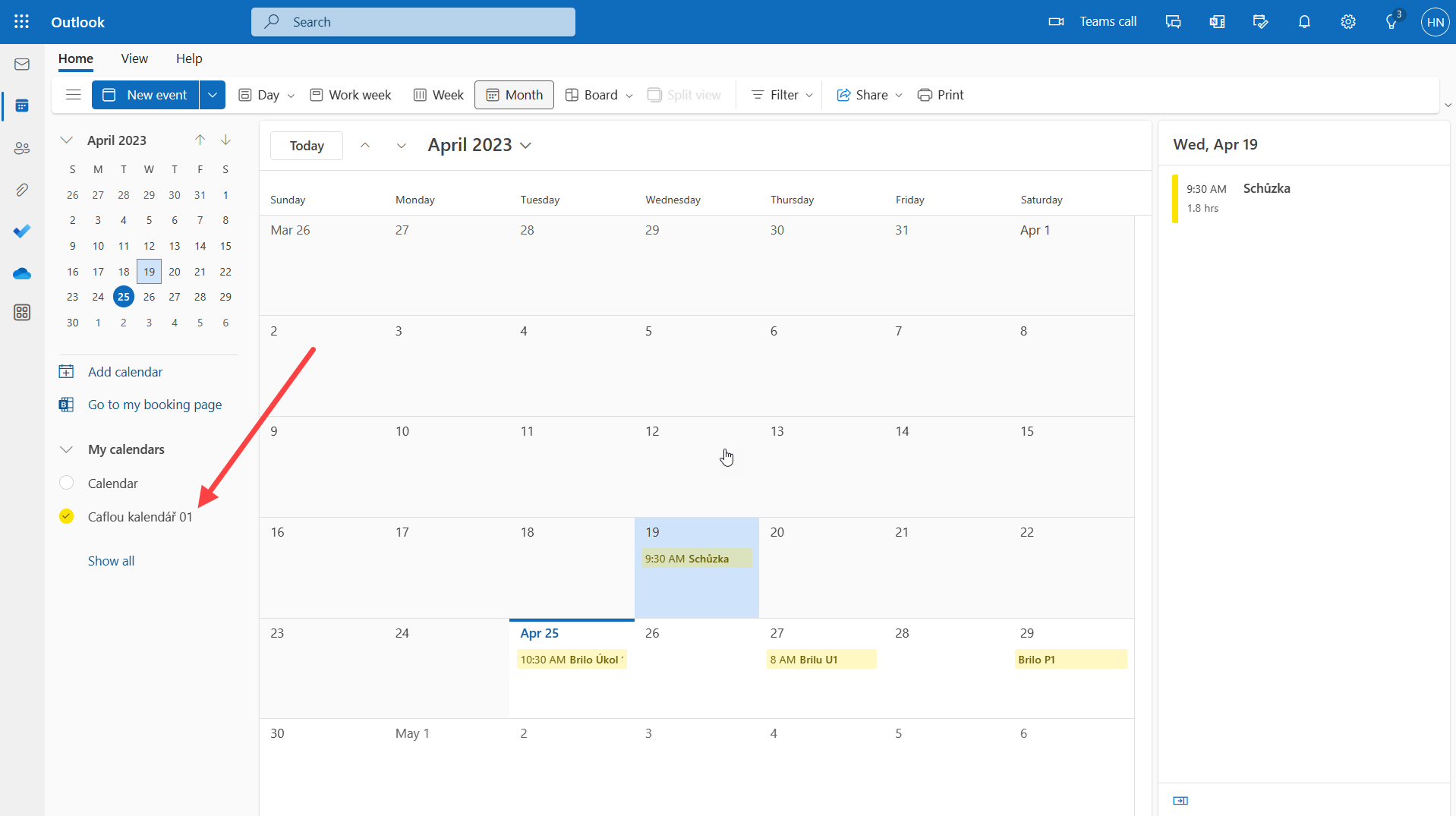 Caflou kalendář mezi Outlook kalendáři
