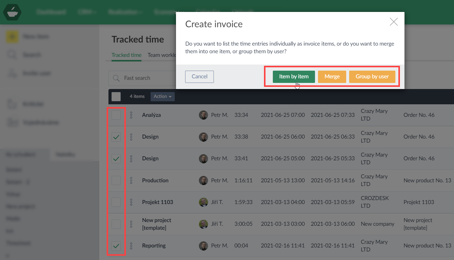 Invoices from the tracked time