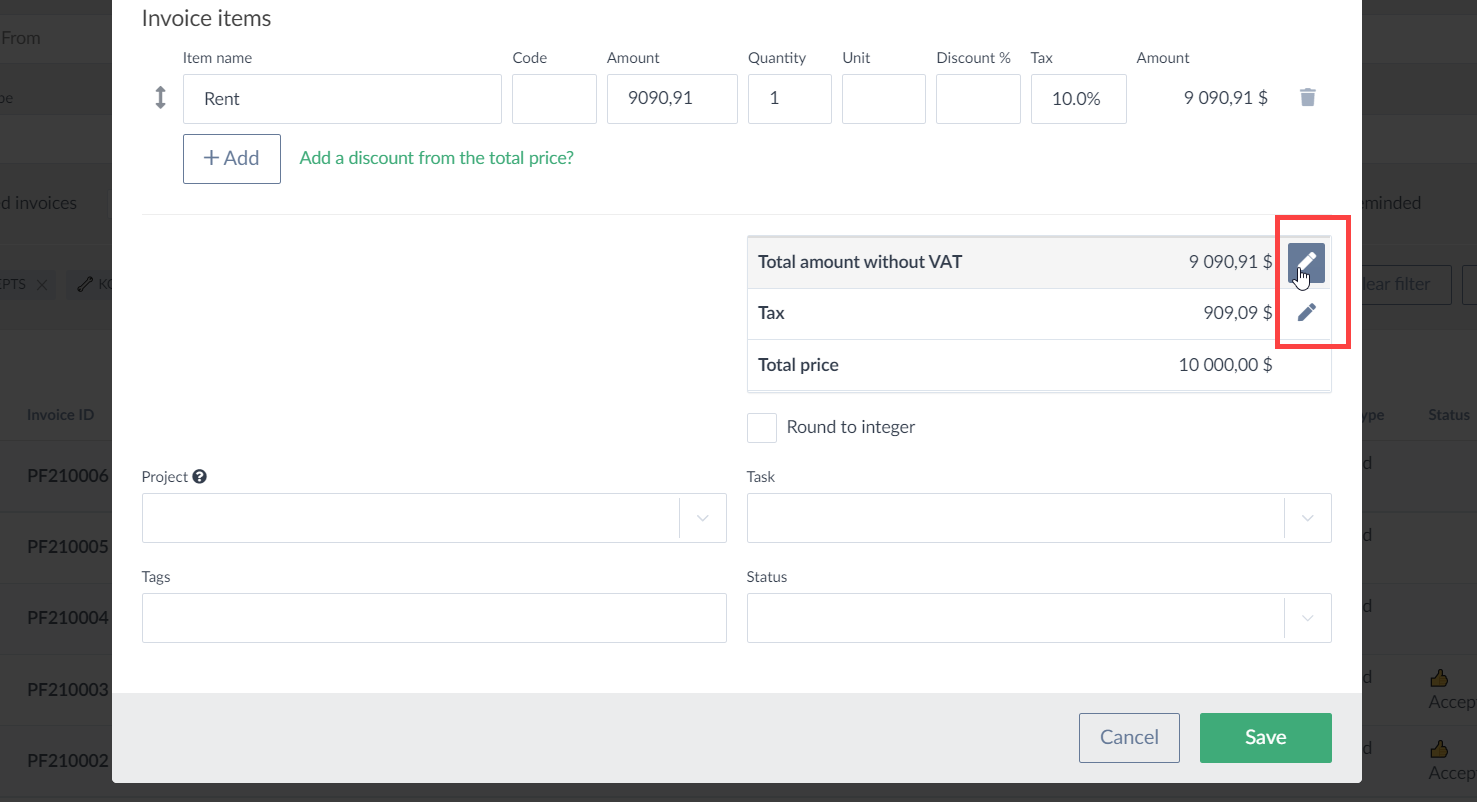 Edit amounts and tax/VAT