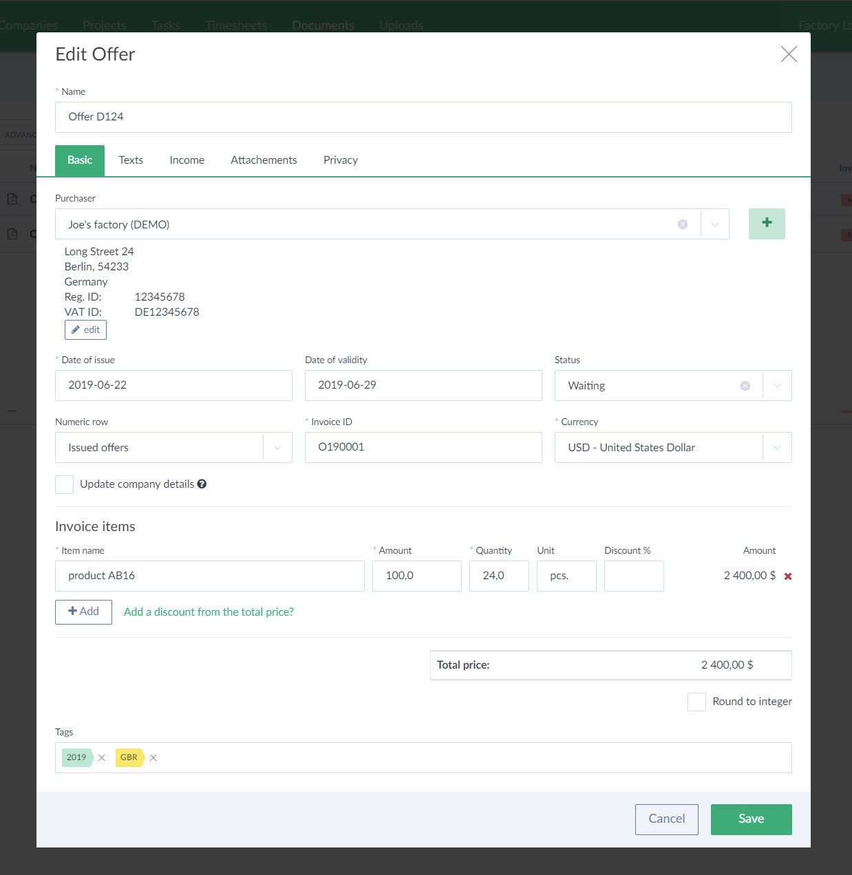 New offer form