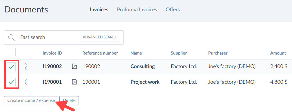 import invoices to cashflow