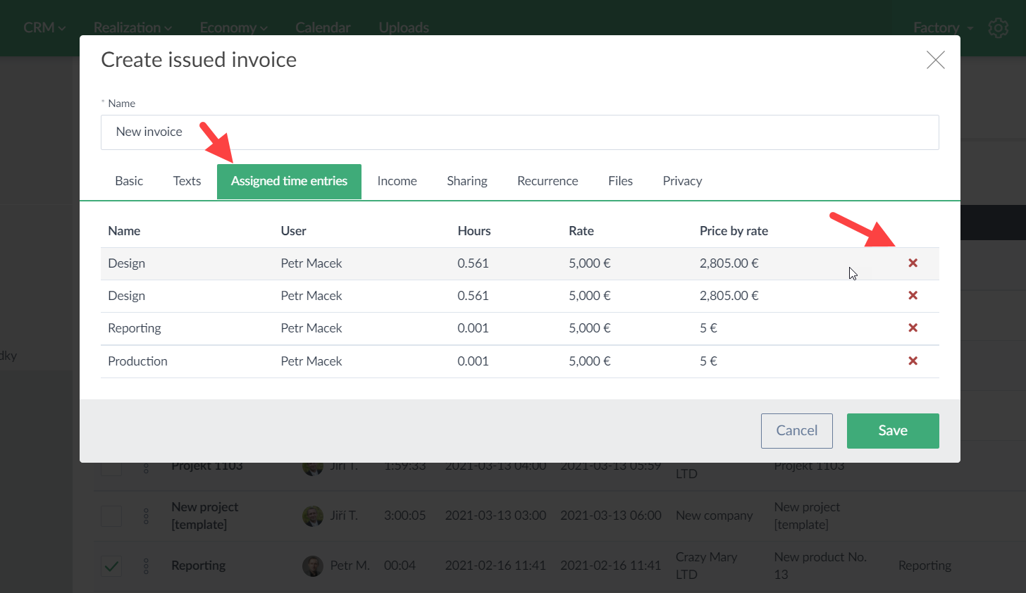 Invoices from the tracked time