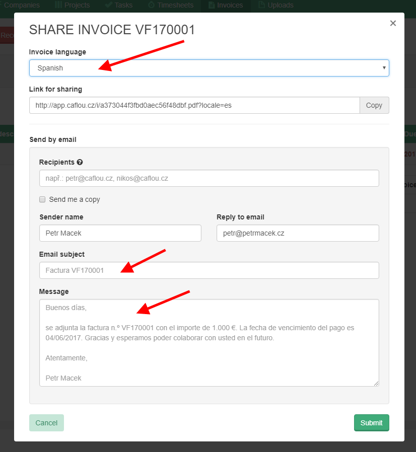 Share invoice by email