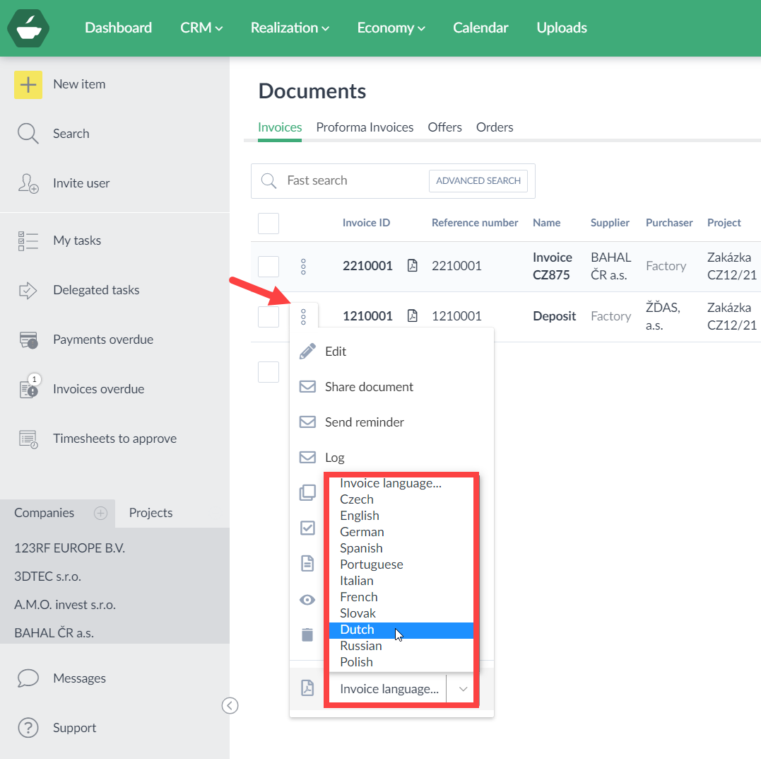 Invoices also in russian, polish and dutch