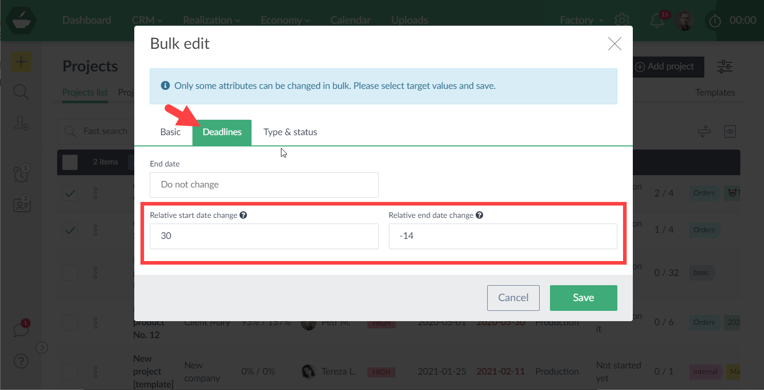 Relative bulk change of deadlines