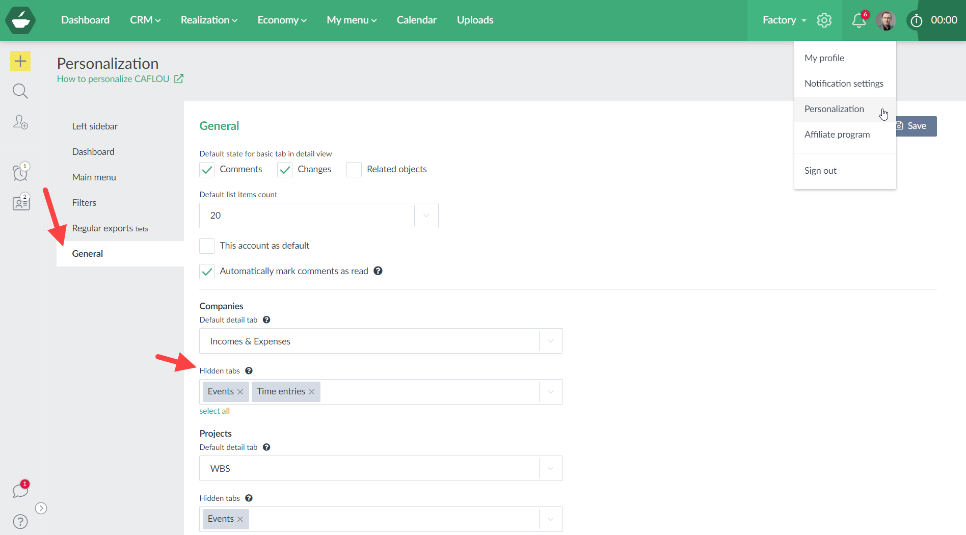 Personalization - hidden tabs